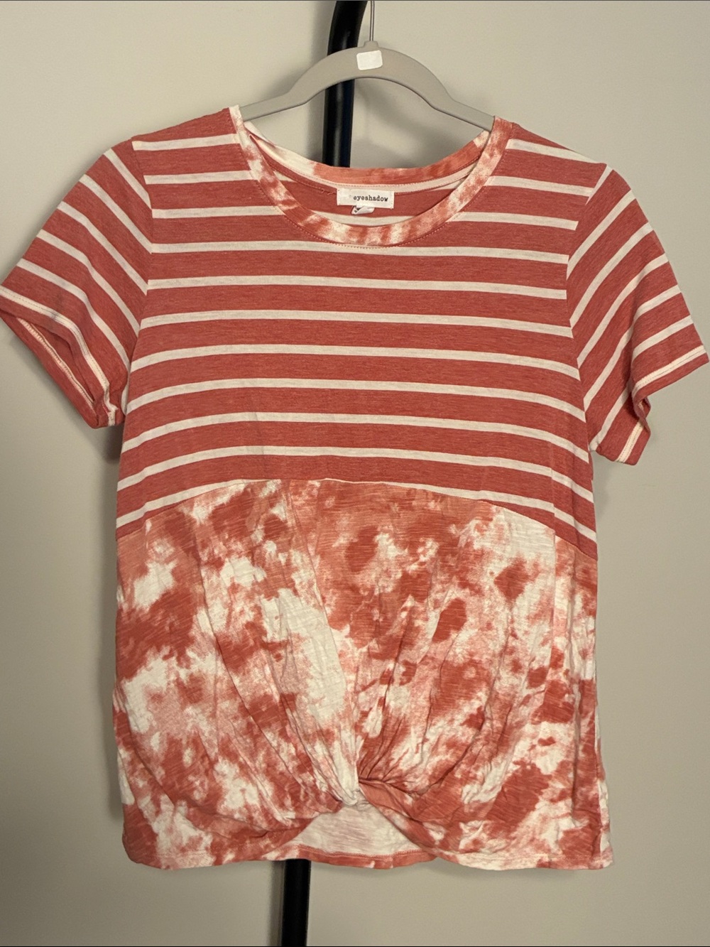 Eyeshadow Stripe & Tie-Dye Knot Front Short Sleeve Tee Shirt Rose Pink Medium